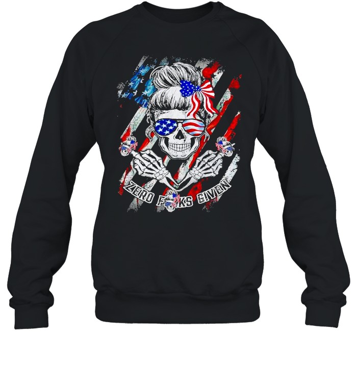 American Flag Skeleton Skull Girl Zero Fucks Given shirt Unisex Sweatshirt