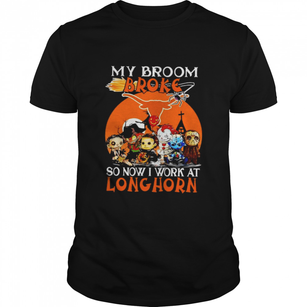 Chibi Horror characters my broom broke so now I work at Long Horn Halloween shirt
